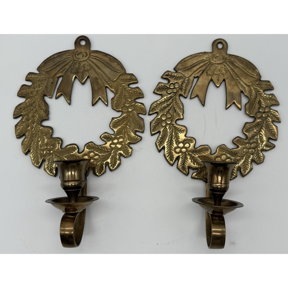 2 Vintage Hosley International Solid Brass Christmas Wreath Wall Candle Sconce